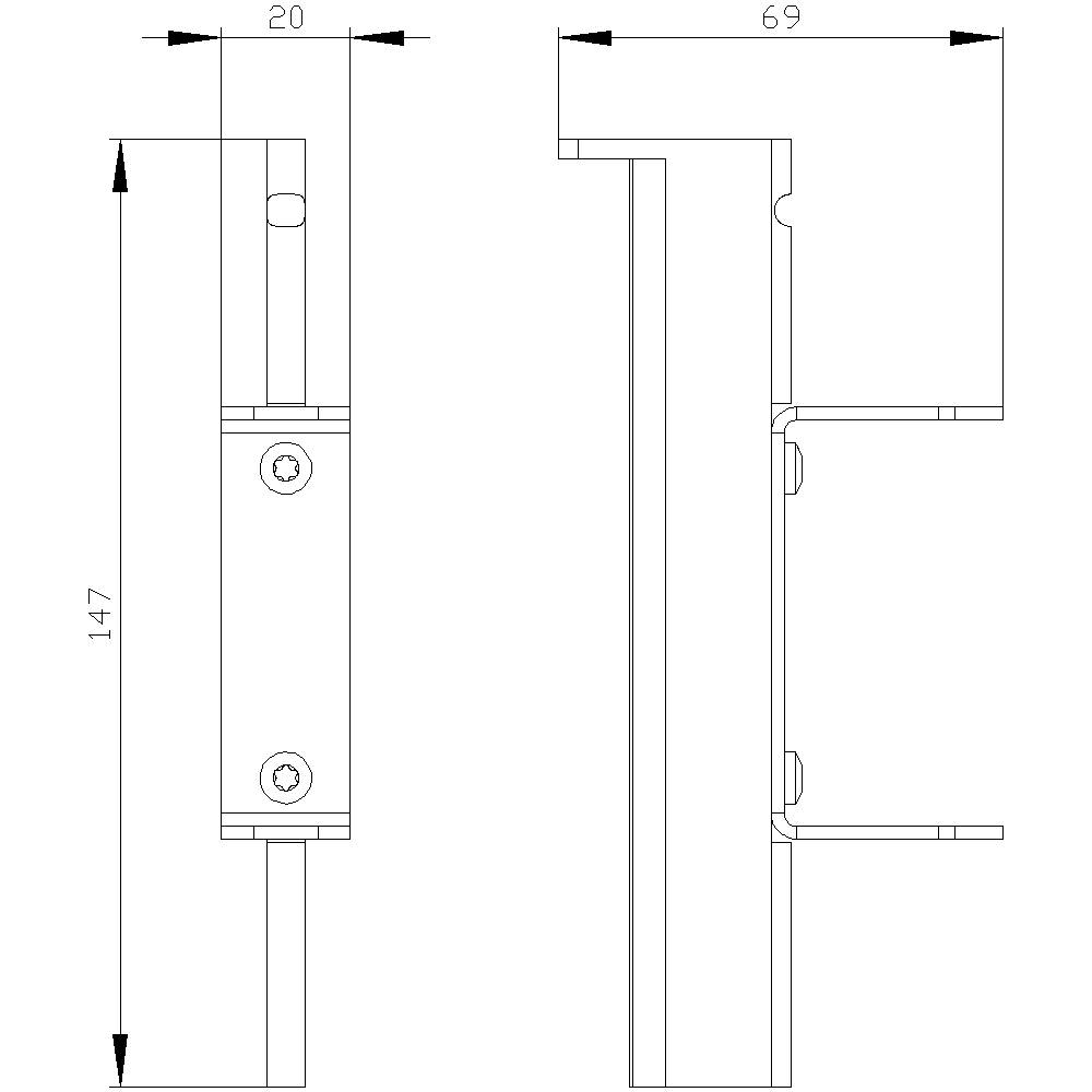 Teknisk ritning av en metalldetalj med mått: Höjd 147 mm, bredd 20 mm, djup 69 mm. Innehåller skruvhål och förbindelselement.