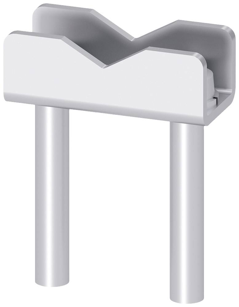 En grå metalldetalj med ett M-format jack på ovansidan, som bärs av två vertikala stöttor.