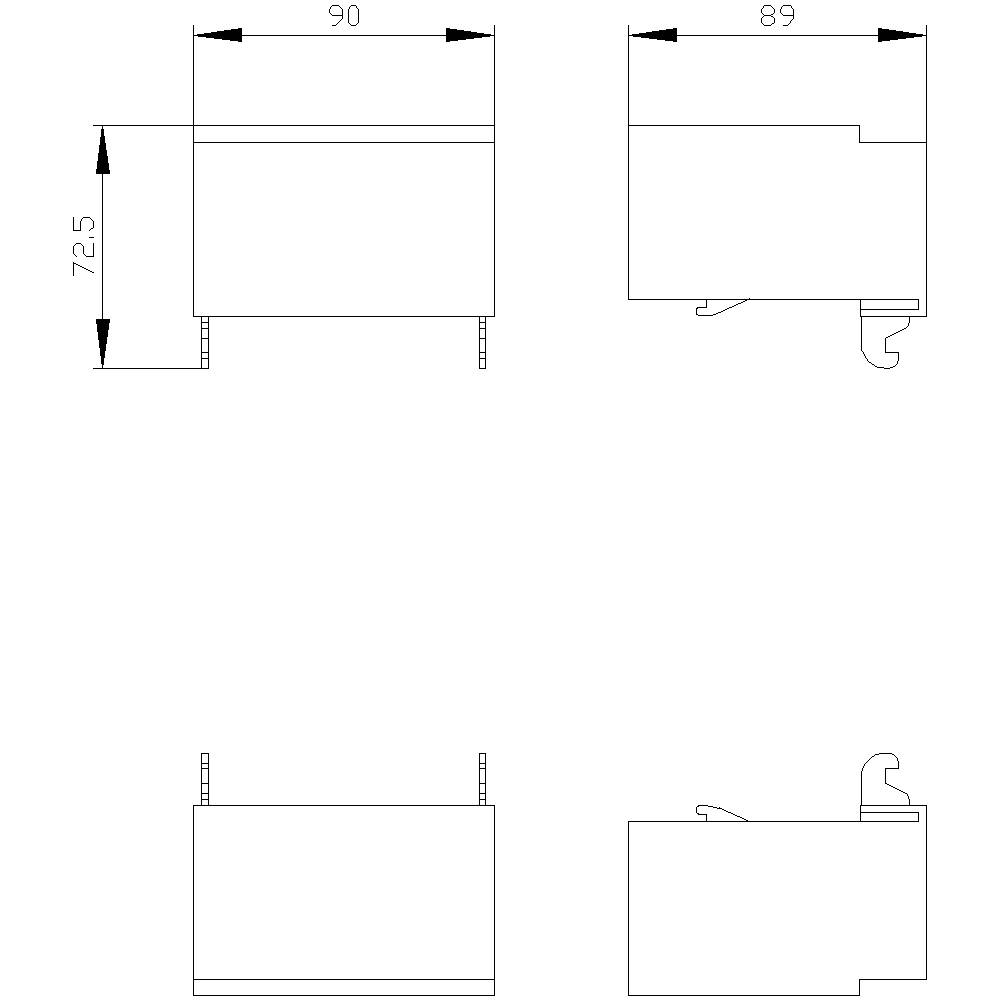 Teknisk ritning av en enhet med dimensionerna 90 mm x 72,5 mm x 89 mm, presenterad från olika vinklar.