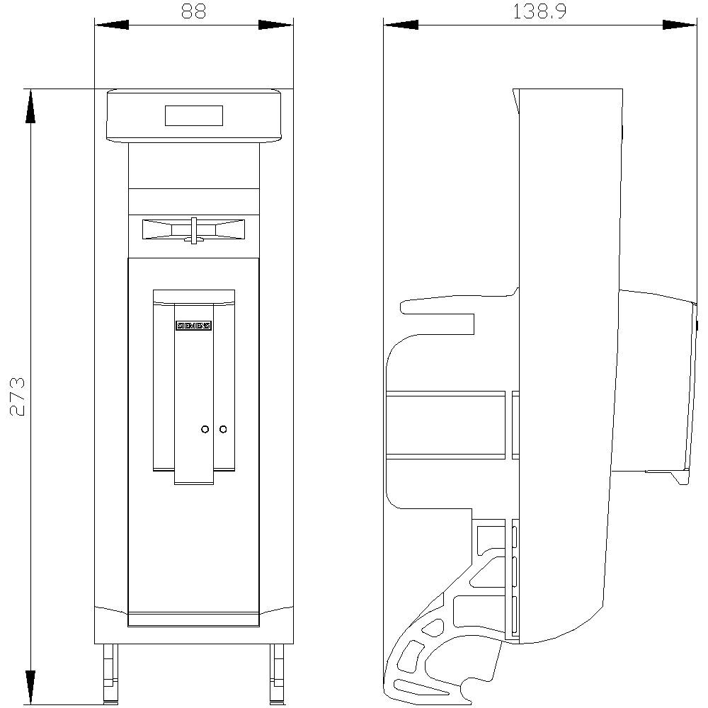 Teknisk ritning av en apparat med front- och sidovy. Mått: 88 cm bredd, 138,9 cm djup, 273 cm höjd.