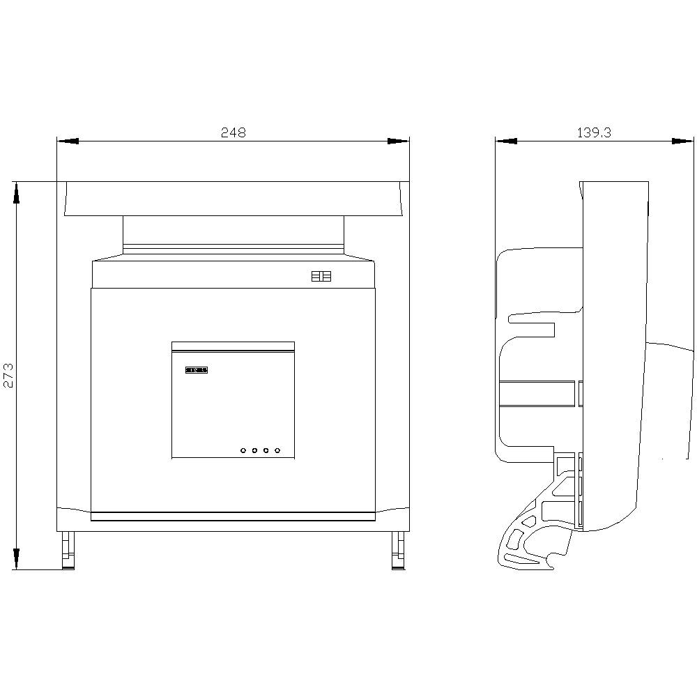 Teckning av en skrivare med front- och sidovy inklusive dimensioner: bredd 248 cm, djup 139,3 cm, höjd 273 cm.