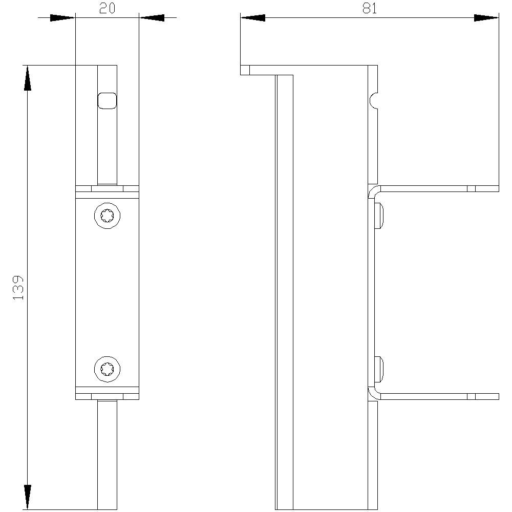 Teknisk ritning av en komponent med dimensionerna 20 x 81 x 139 mm, visar två vyer med hål och profilvyer.