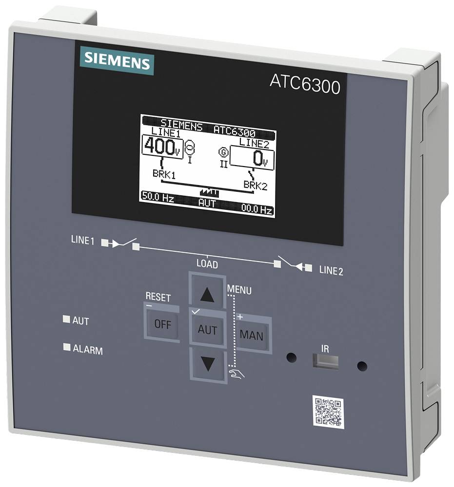 Siemens ATC6300 styrenhet, visar 400V på LINE1, automatisk inställning, visning av larm och menykommandon.