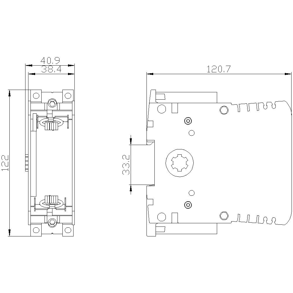 Teknisk ritning av en rektangulär komponent med dimensioner: bredd 40,9 mm, höjd 122 mm, djup 120,7 mm. Anslutningspositioner markerade.