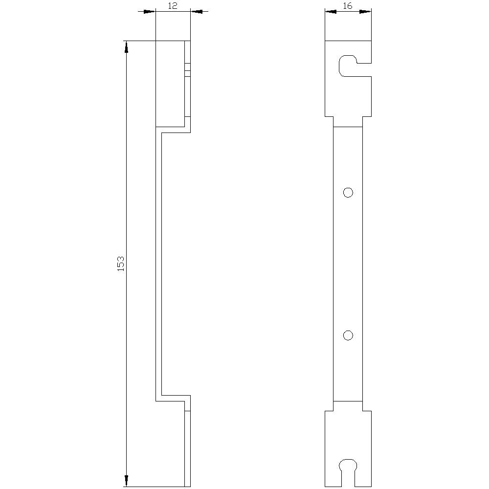 Teknisk ritning av en metallprofil med två vyer: längd 153 mm, bredd 12 mm eller 16 mm. Innehåller fästhål.