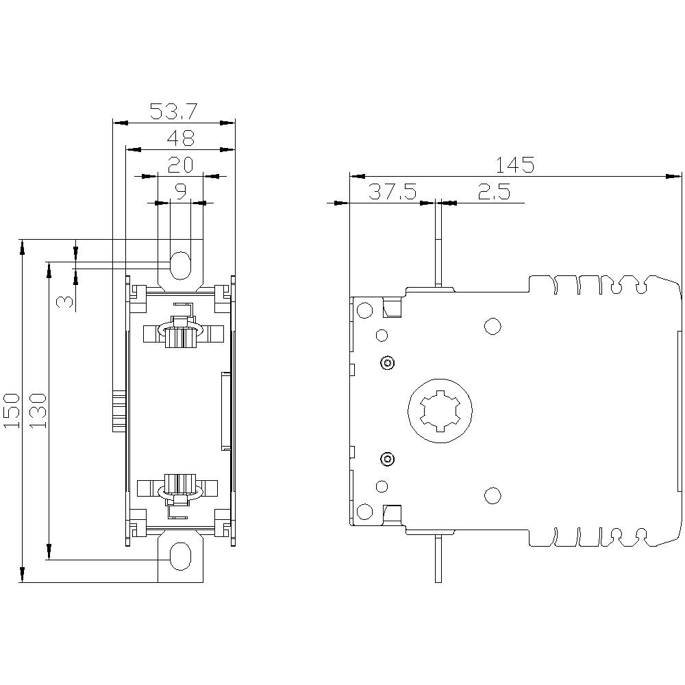 Teknisk ritning av en apparat med dimensioner: 150 mm höjd, 130 mm bredd. Ytterligare mått: 53,7 mm, 48 mm, 20 mm, 9 mm, 37,5 mm, 145 mm.