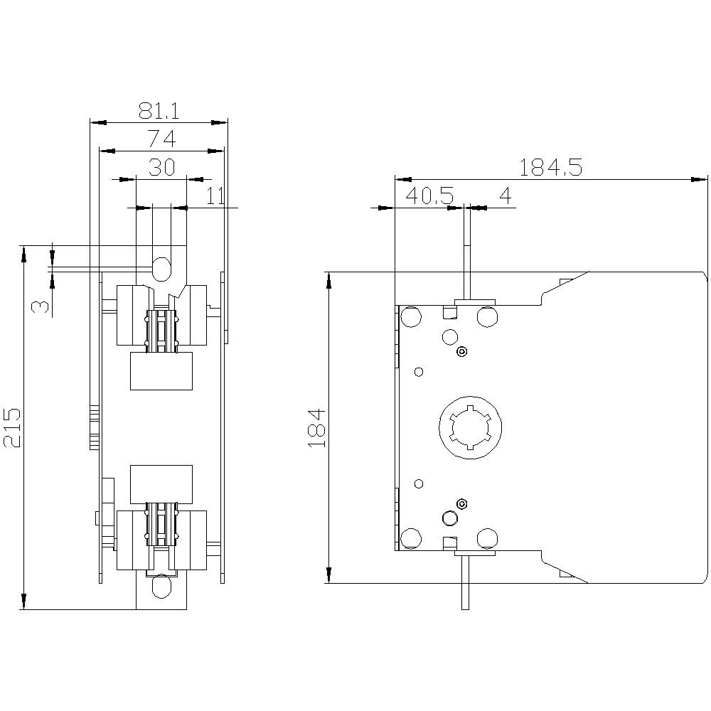 Teknisk ritning av ett rektangulärt hölje med dimensioner och hål. Mått: 215 x 81,1 mm fram, 184,5 mm på sidan.