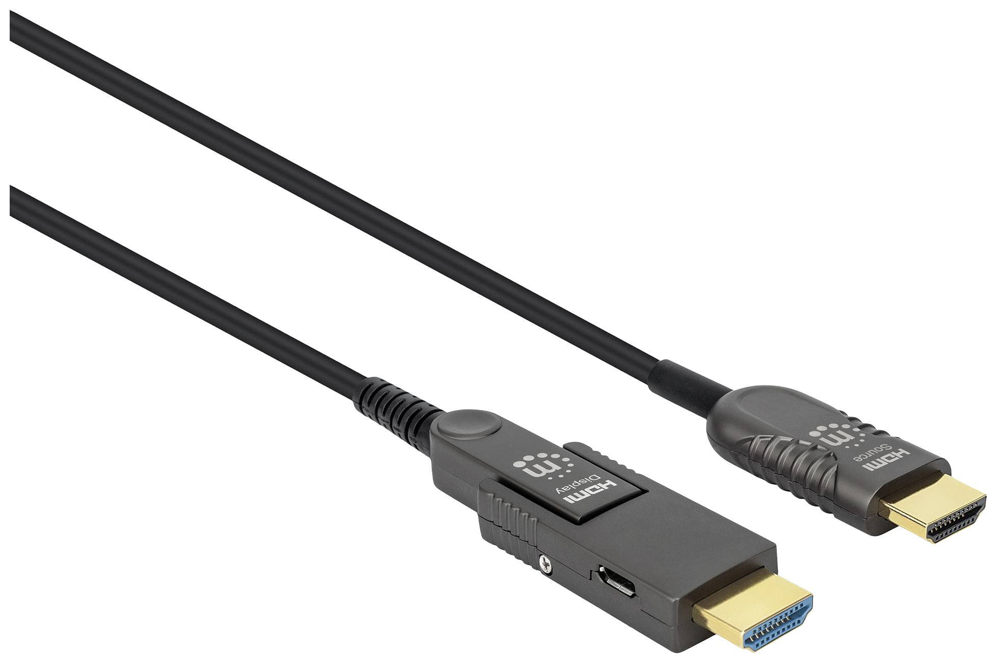 En HDMI-kabel med ett robust svart hölje och guldpläterade kontakter, lämplig för video- och ljudanslutningar.