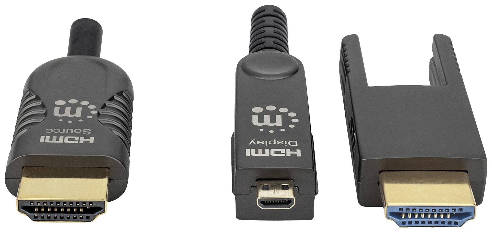 Tre olika HDMI-kontakter radade bredvid varandra, var och en med guldiga anslutningar och svart hölje. De skiljer sig åt i form och storlek.