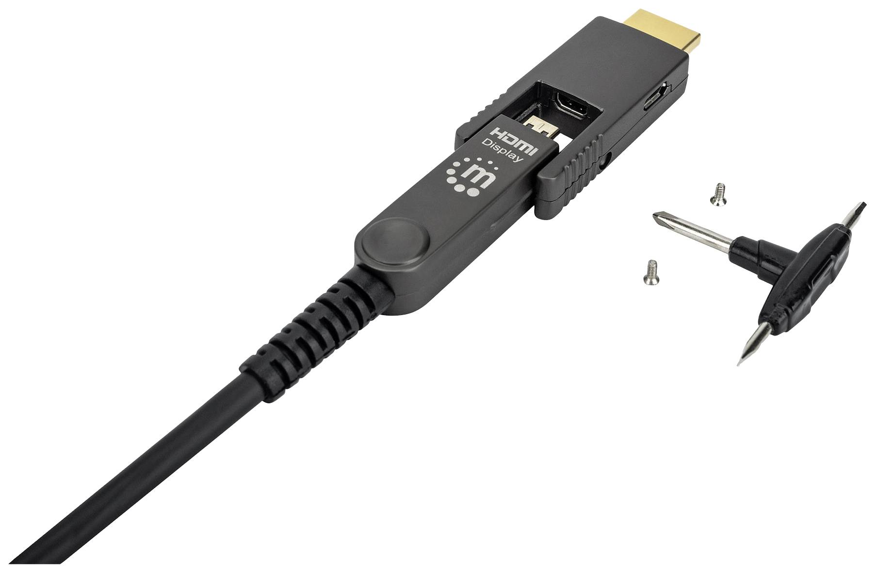 HDMI-kabel med avtagbar kontakt. Bredvid kabeln ligger tre små skruvar och en skruvmejsel för montering.