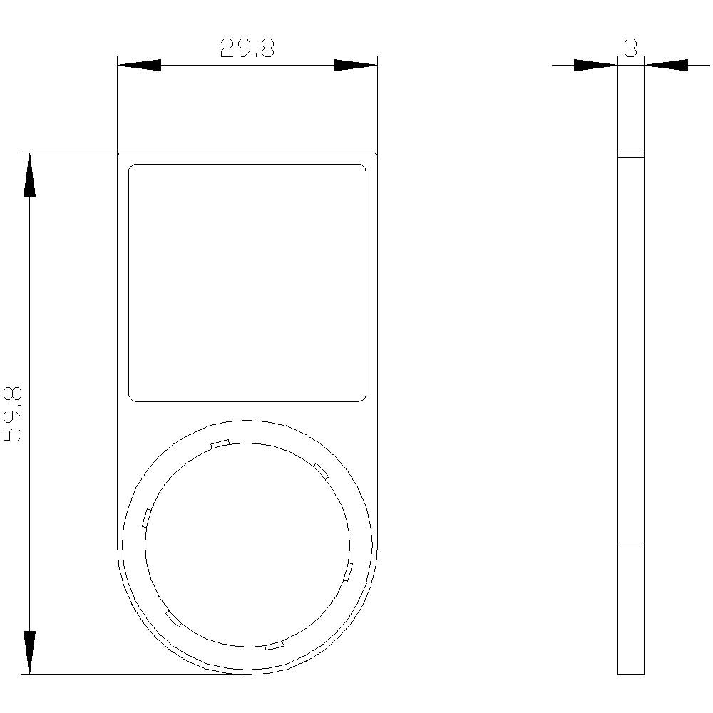 Teknisk ritning av en rektangulär enhet med ett hjul på undersidan. Mått: 59,8 mm höjd och 29,8 mm bredd. Sidovy visar 3 mm djup.