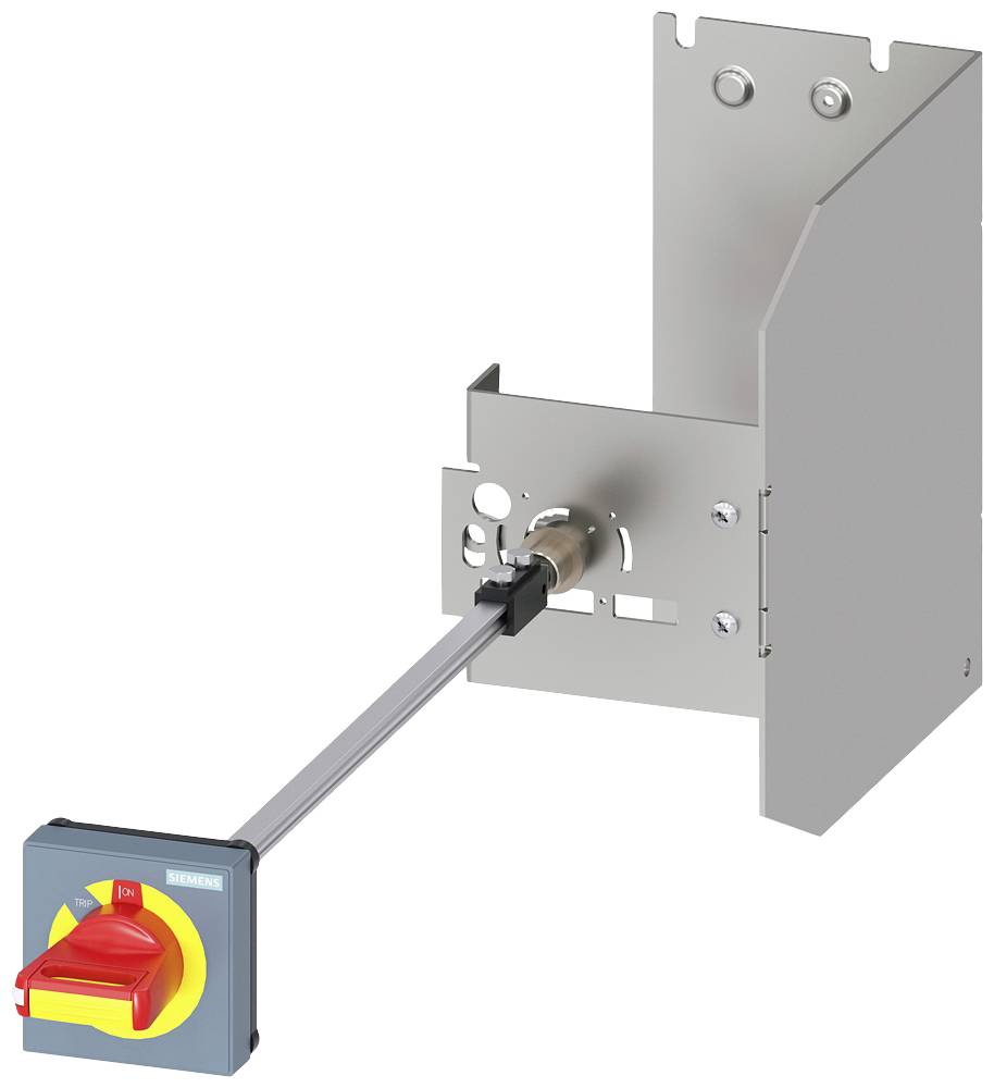 Metallram med monterad vridbar switch på en stång. Switchen är färgad i gult och rött.