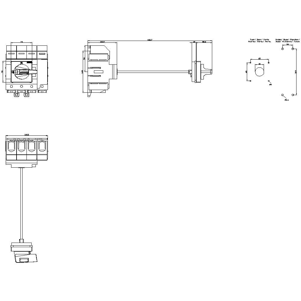 Teknisk ritning av en modulär switch med dimensionsmärkningar och delkomponenter, betraktad från olika vinklar.