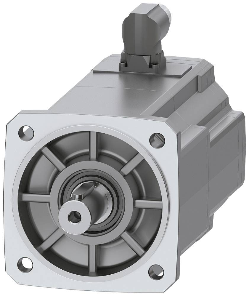 Elektrisk servomotor i grå metallfärg. Frontvy visar axel och fästfläns. Övre anslutningshölje synligt.