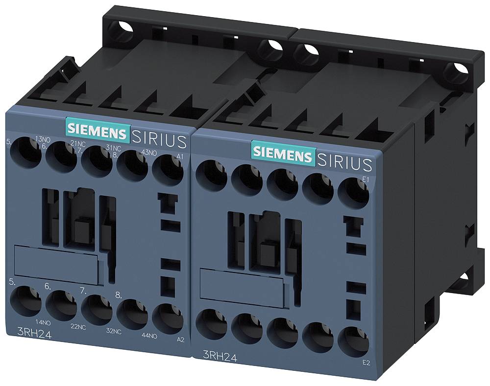 Siemens Sirius elektriska kontaktorer i en dubbel konfiguration. De är blå-svarta med anslutningsklämmor på ovansidan.