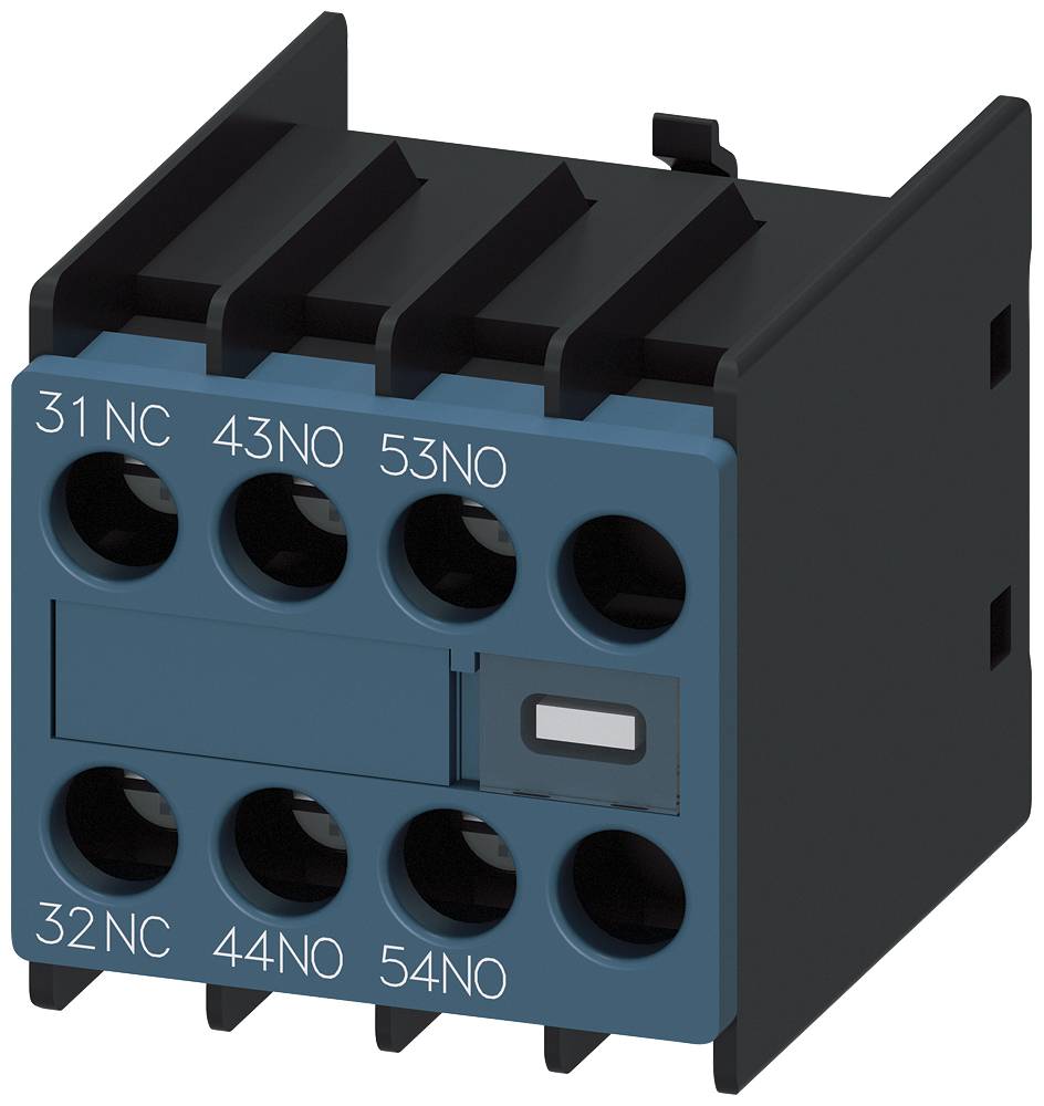 Blå elektrisk kontaktblock med sex numrerade anslutningar: '31NC', '32NC', '43NO', '44NO', '53NO', '54NO'.