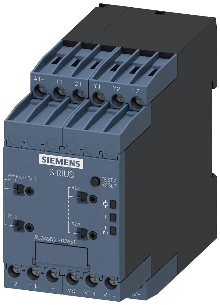 En blå Siemens SIRIUS-enhet, modell 3UG4583-1CW31, visar olika anslutningar och omkopplare för styrning eller övervakning.