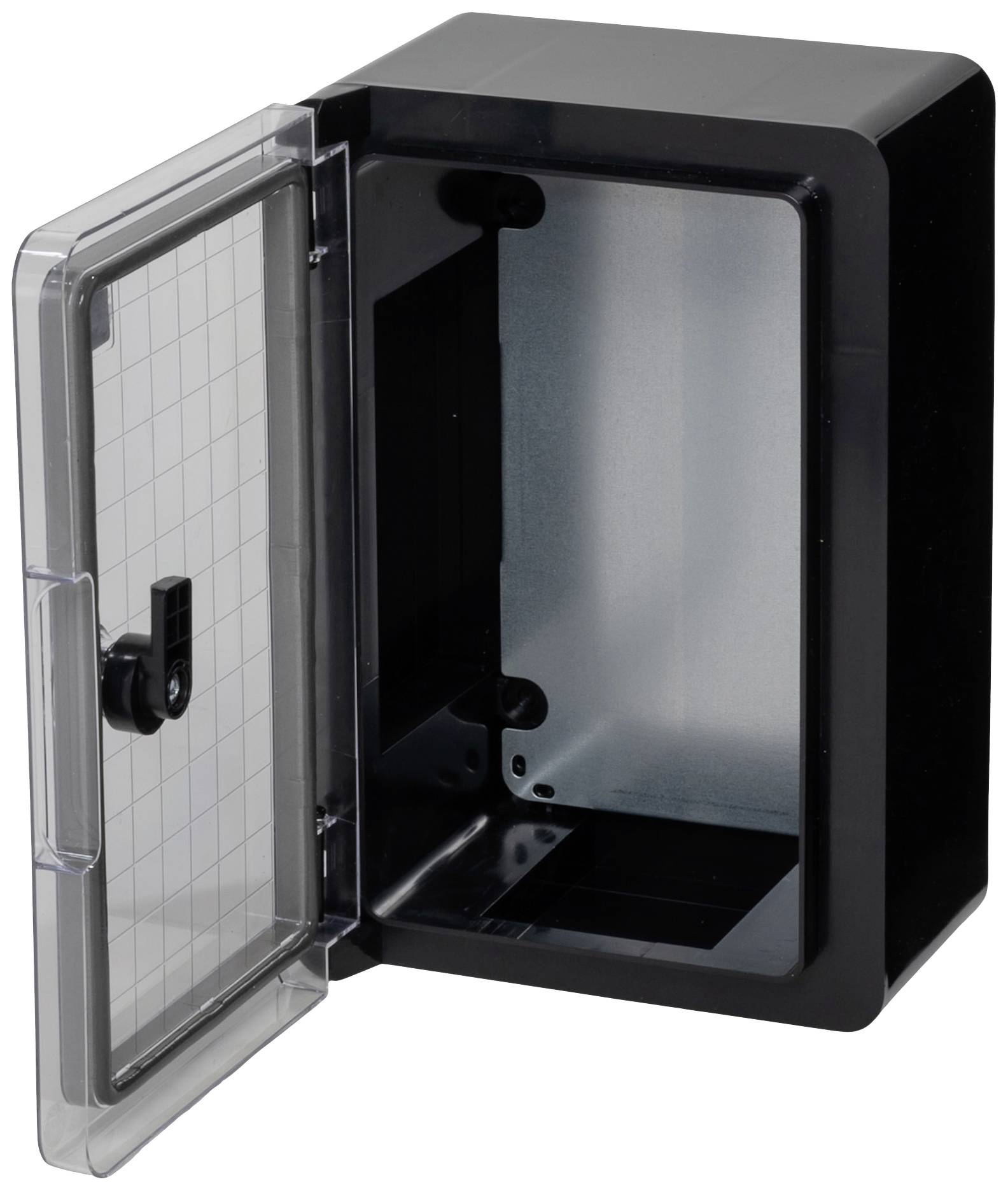 Svart, rektangulär kopplingslåda med transparent lock. Lämplig för enkel montering av elektriska komponenter.