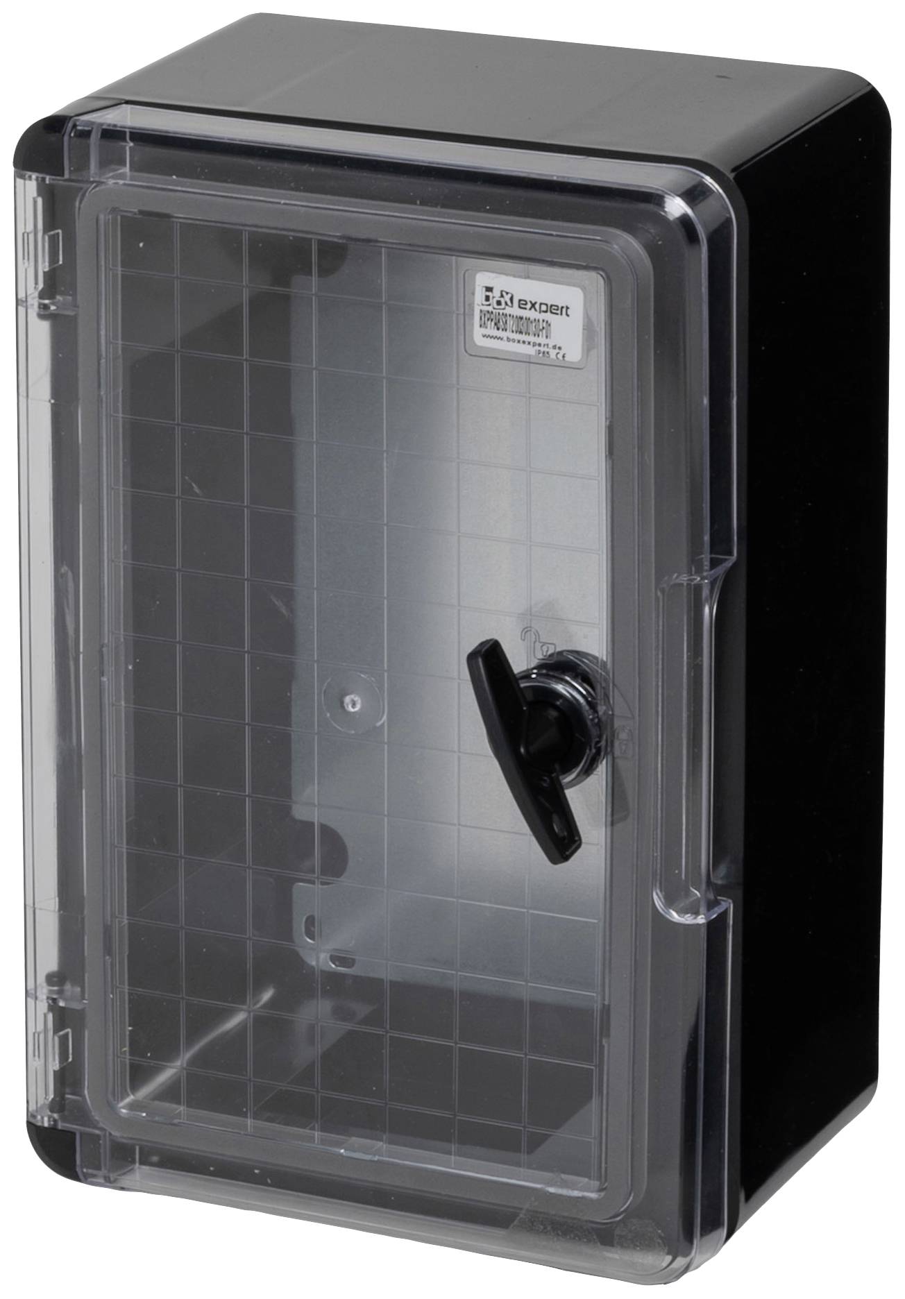 Svart plastlåda med transparent dörr och vred. Lämpad för skydd av elektronik eller elektriska installationer.