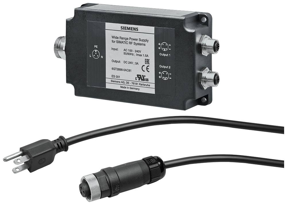 Ett nätaggregat från Siemens med två utgångar och nätkabel. Påskrift: 'Wide Range Power Supply for SIMATIC PC Systems'.