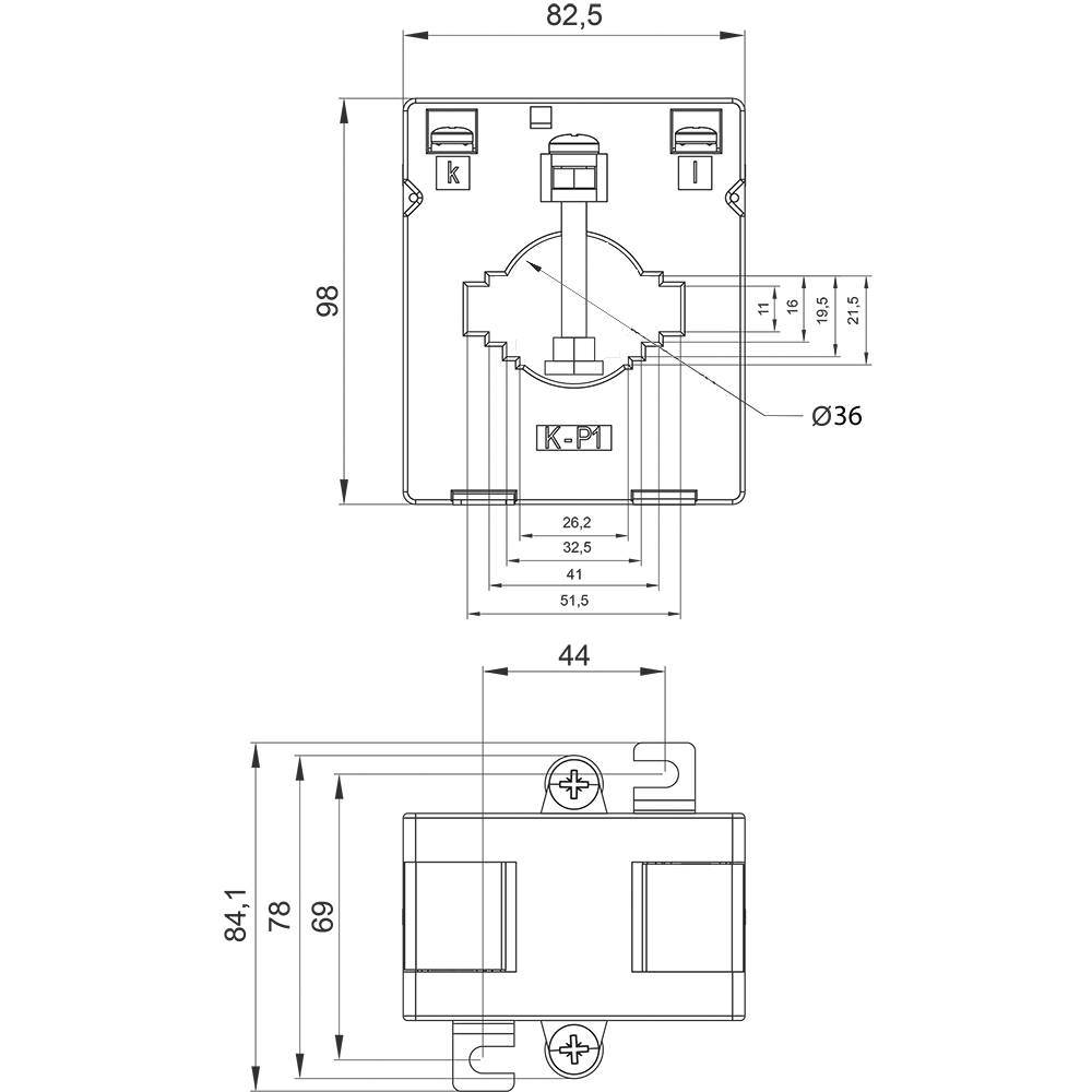 Teknisk ritning av en elektrisk switch med dimensioner. Ovan: Frontvy, bredd 82,5 mm, höjd 98 mm. Under: Sidovy, höjd 84,1 mm.
