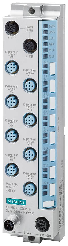 En elektronisk modul med olika anslutningsportar och LED-lampor. Varumärket 'Siemens' längst ned. Lämplig för industriell automation.