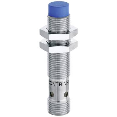 En cylindrisk, metallisk sensor med blått huvud, två sexkantiga muttrar och påskriften 'CONTRINEX'.