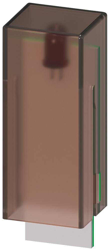 En liten, rektangulär elektronisk komponent i ett transparent hölje med en synlig LED och två trådar ovanpå.