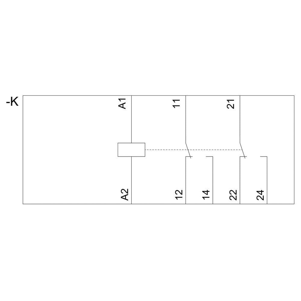 Diagrammet visar elektriska kopplingsscheman: Längst upp till vänster '-K' som beteckning, därunder ett anslutningsrektangel med 'A1' och 'A2', till höger med anslutningar till numrerade anslutningspunkter '11', '12', '14', '21', '22', '24'.