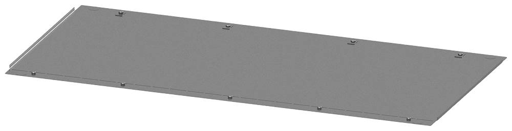 Grå, rektangulär metallplatta med skruvhål längs kanterna, använd som täckning eller skydd i tekniska tillämpningar.