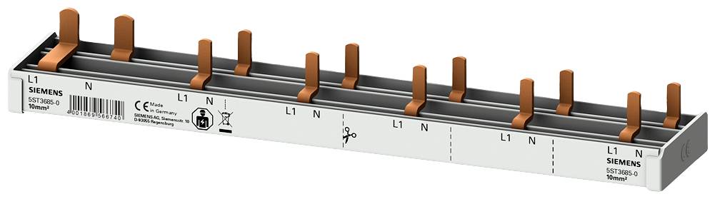 En grå elektroskenekoppling med flera kopparklämmor, märkt med 'L1' och 'N'. Tillverkarvarumärket 'Siemens' är igenkännbart.