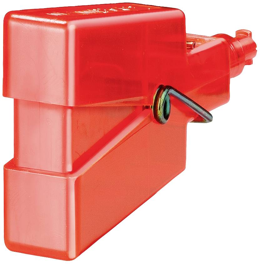 Röd, fyrkantig plastlåda med kabel. Möjligen en del av en elektrisk eller mekanisk apparat.