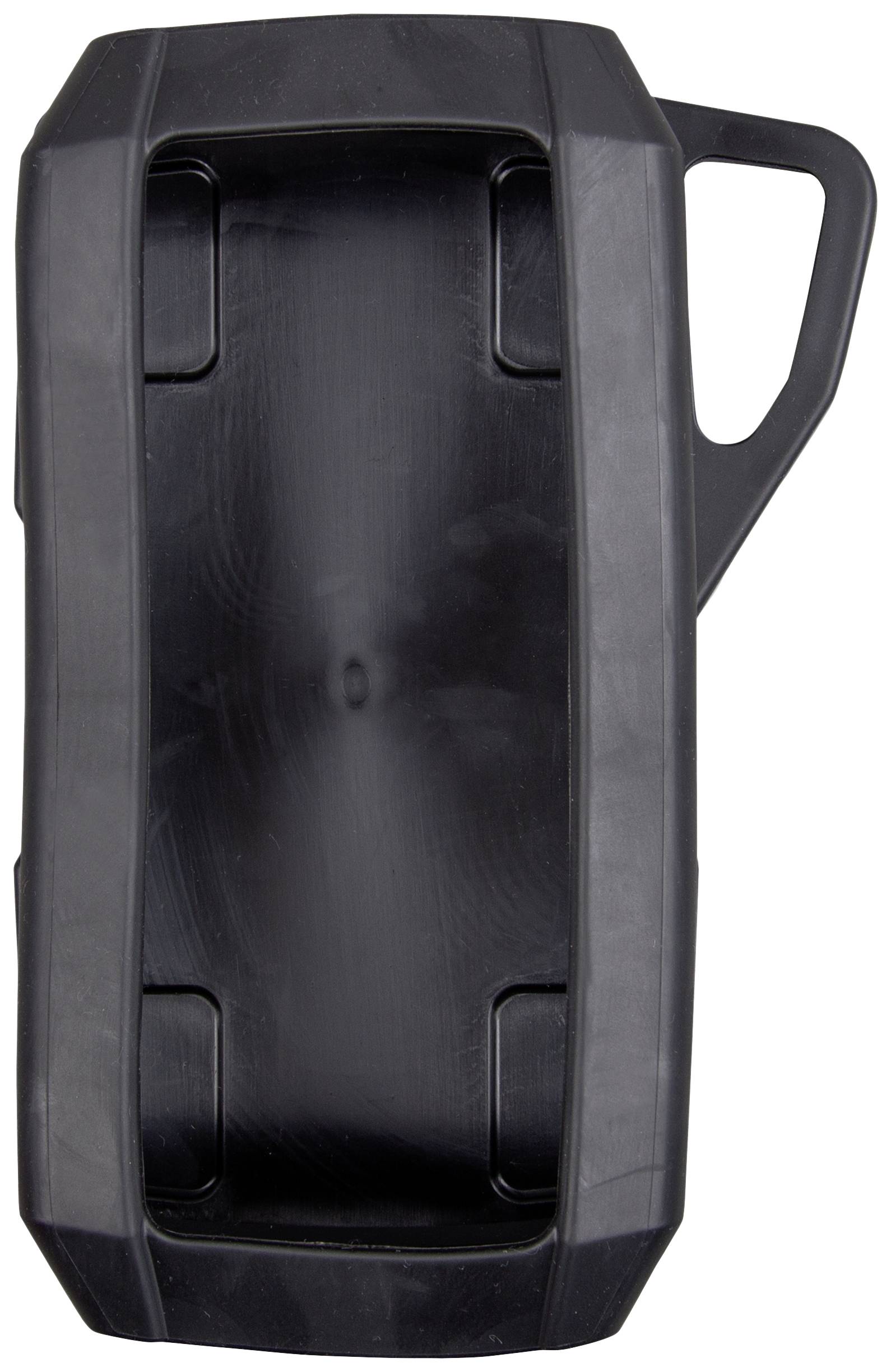 Svart, rektangulärt plastföremål med handtag; sannolikt en reservdel eller tillbehör.