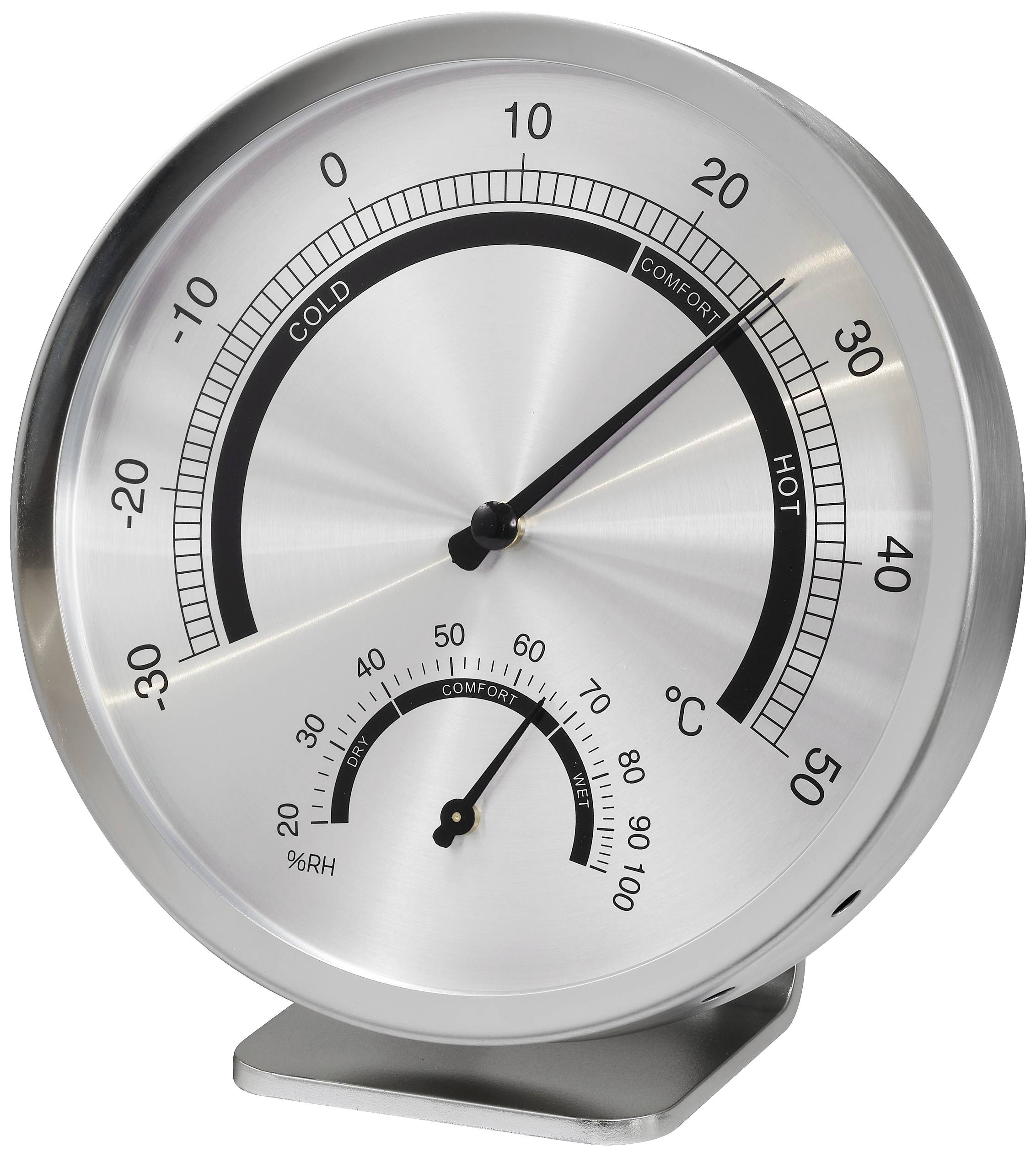 Analogt hygrometer och termometer i metall med temperaturvisning från -30 till 50 grader Celsius och luftfuktighetsskala från 0 till 100%.