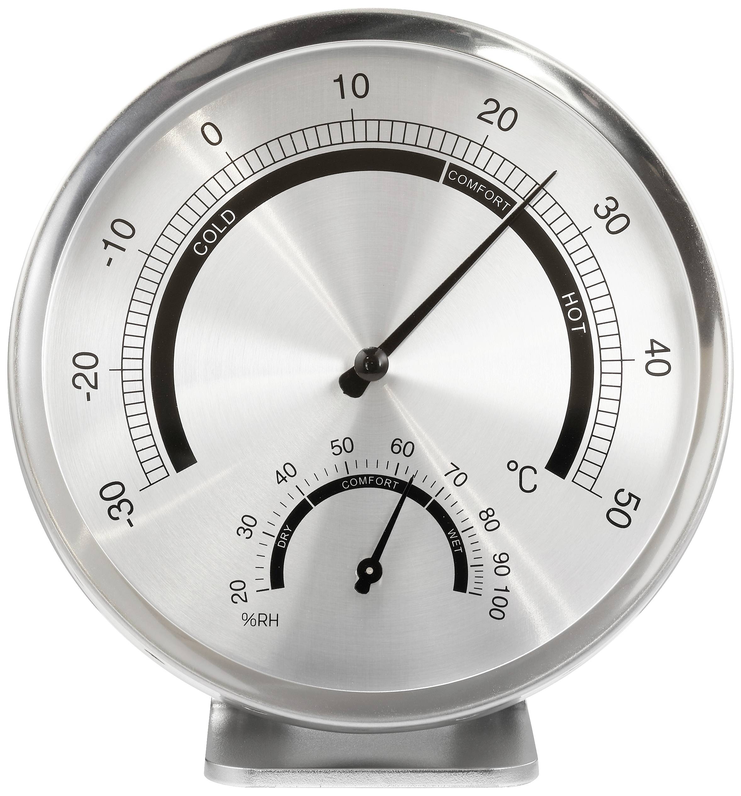 Rund metalliskt termometer-hygrometer med analog skala visar 22°C och 62% luftfuktighet, markerat som 'komfortområde'.