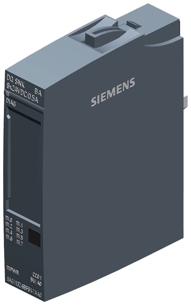 Siemens styrenhet, mörkgrå med märkning 'DQ 8-24VDC 0.5A'. Rektangulär form, sidovy, inga kablar.