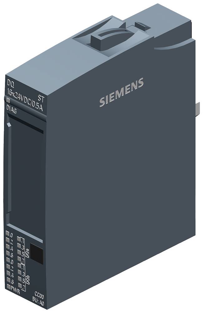 En Siemens-modul för elektrisk manövrering, mörkgrå, med olika anslutningar och påtryckt 'Siemens' på ytan.
