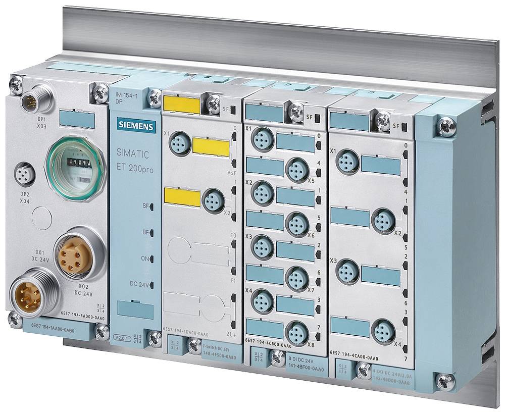 Industriellt automationsmodul, Siemens Simatic ET 200pro, visar flera anslutningar och platser för industriella tillämpningar.