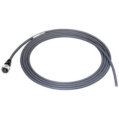 Grå kabel med en rund, metallisk kontakt på vänster sida, lång och upprullad, lämplig för tekniska anslutningar.