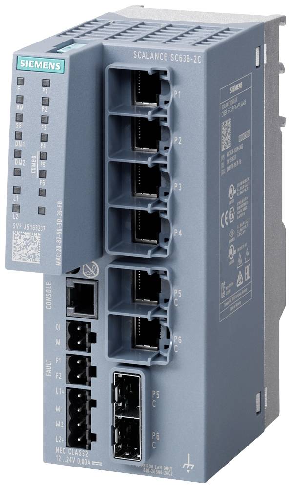 Siemens industriell nätverksswitch, modell Scalance SC636-2C, med flera Ethernet-portar. Höljet med anslutningar visas.