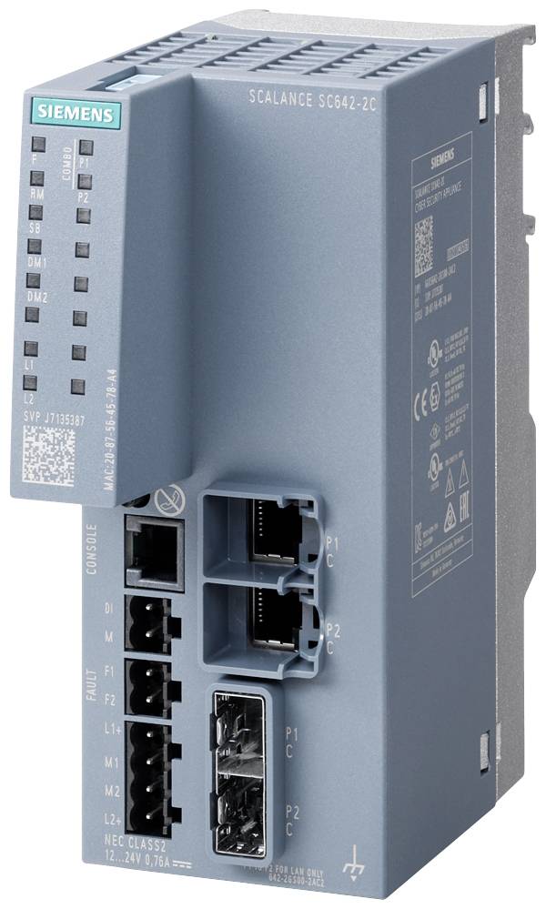 Industriell nätverksswitch från Siemens. Modell Scalance SC662-2C, med flera Ethernet-anslutningar och indikatorlampor.