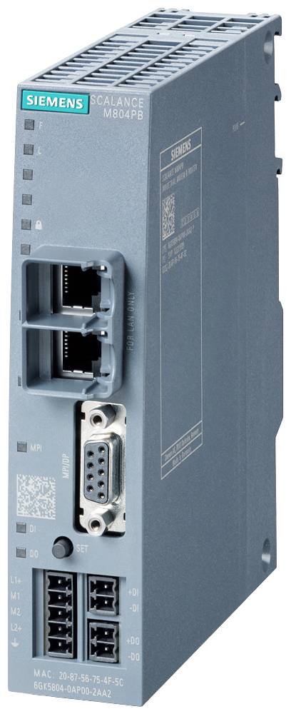 Industriell nätverksswitch från Siemens, modell SCALANCE XB004PB, med Ethernet- och Profinet-anslutningar för automationsapplikationer.