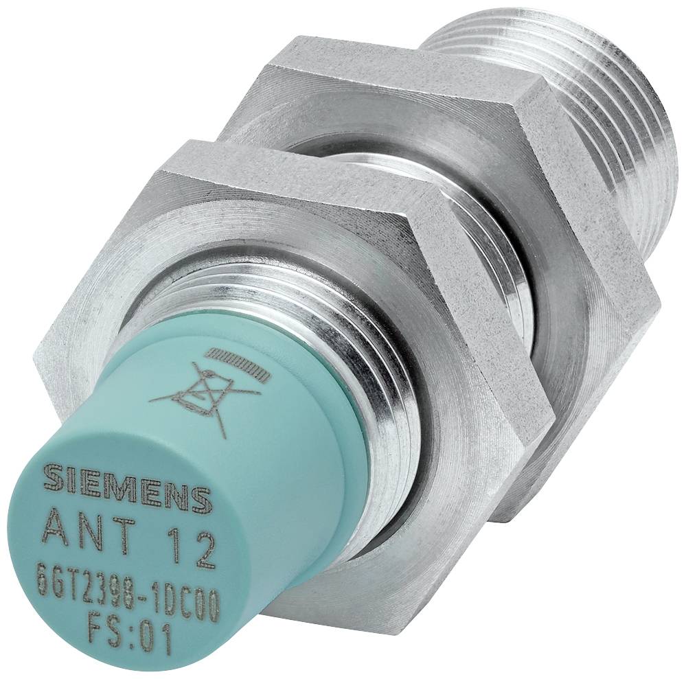 Induktiv näringsbrytare från Siemens, modell ANT 12, med cylindriskt metallhölje och grön täckplatta.