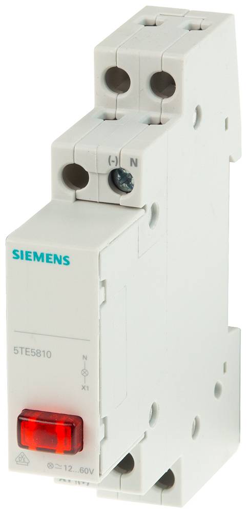 Siemens 5TE5810 strömstötsbrytare, vit, med rött indikatorljus fram, symboliserar elektrisk kopplingsanordning.