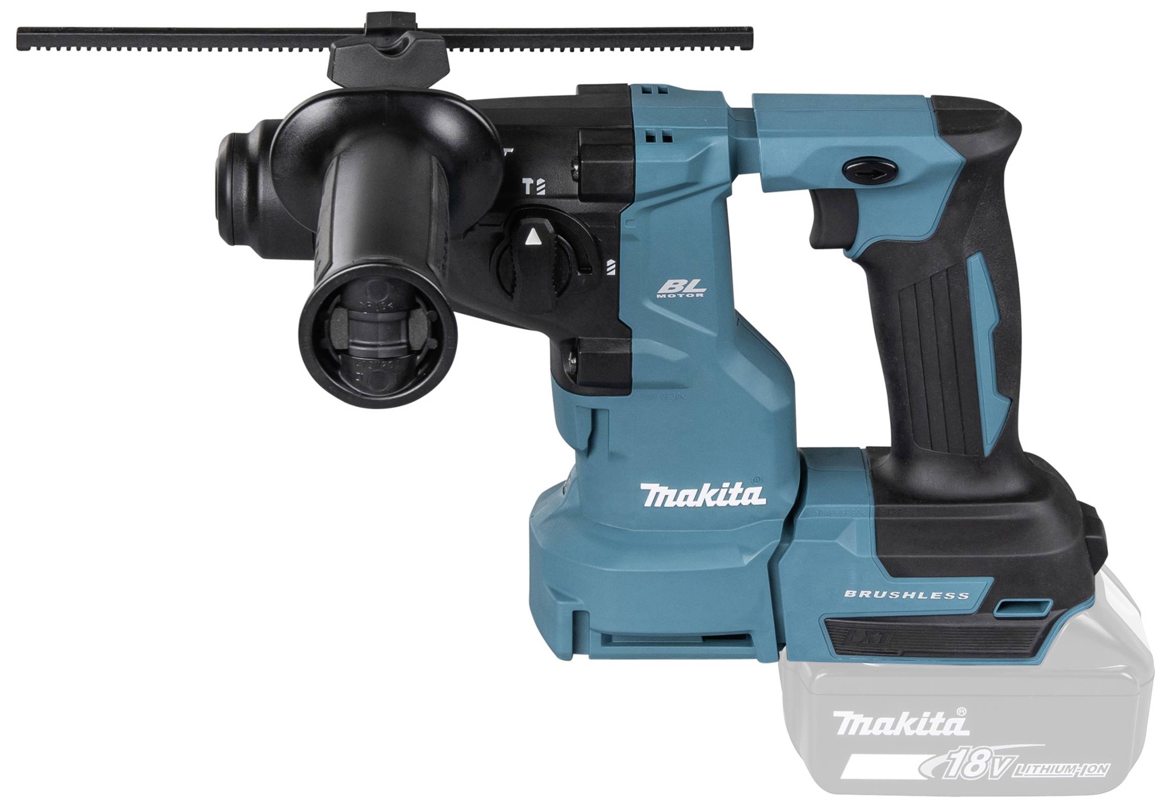 Sladdlös borrhammare, märke Makita, blå-svart, med 18V litiumjonbatteri. Robust, trådlös, för bygg- eller hantverksarbeten.