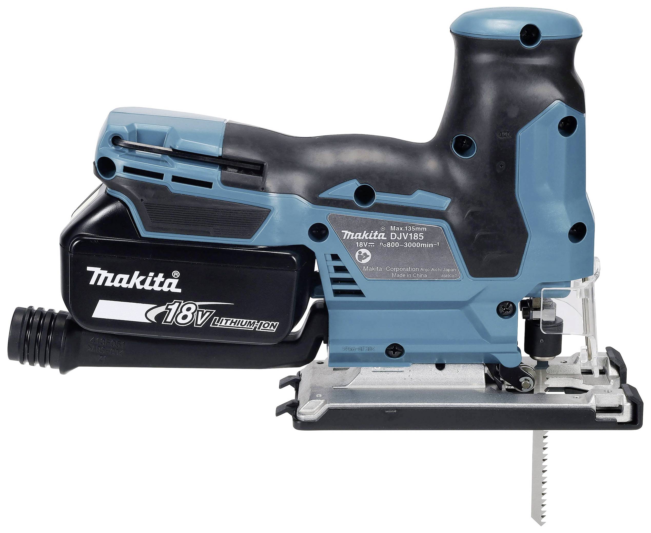 Akkusäbelsäge Makita 18V i blått och svart, utan batteri och laddare. Lämplig för trä- och metallarbeten.