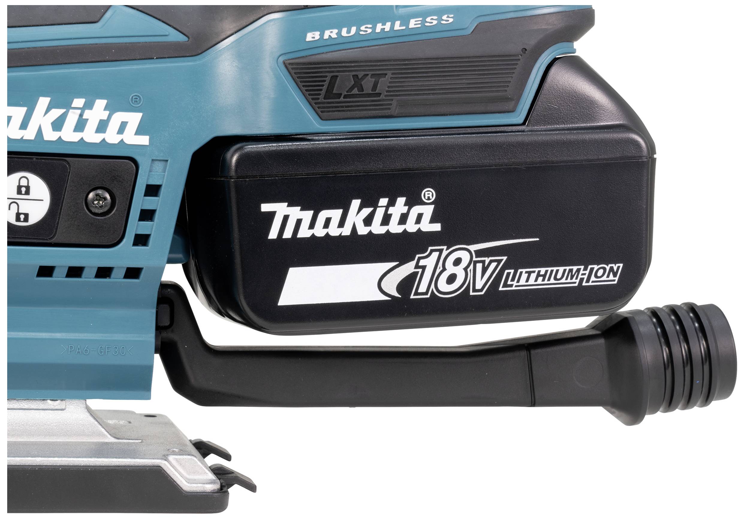 Makita elverktyg med 18V litiumjonbatteri, LXT-serien, i turkos-svart design.