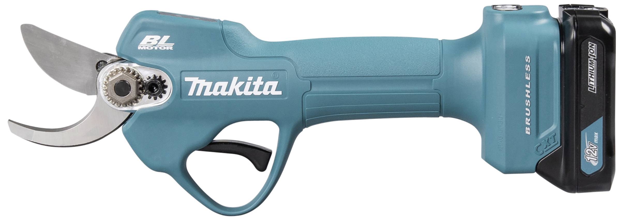 Elektrisk grensax med blått handtag och svart batteri, lämplig för beskärning av grenar; varumärke på sidan.