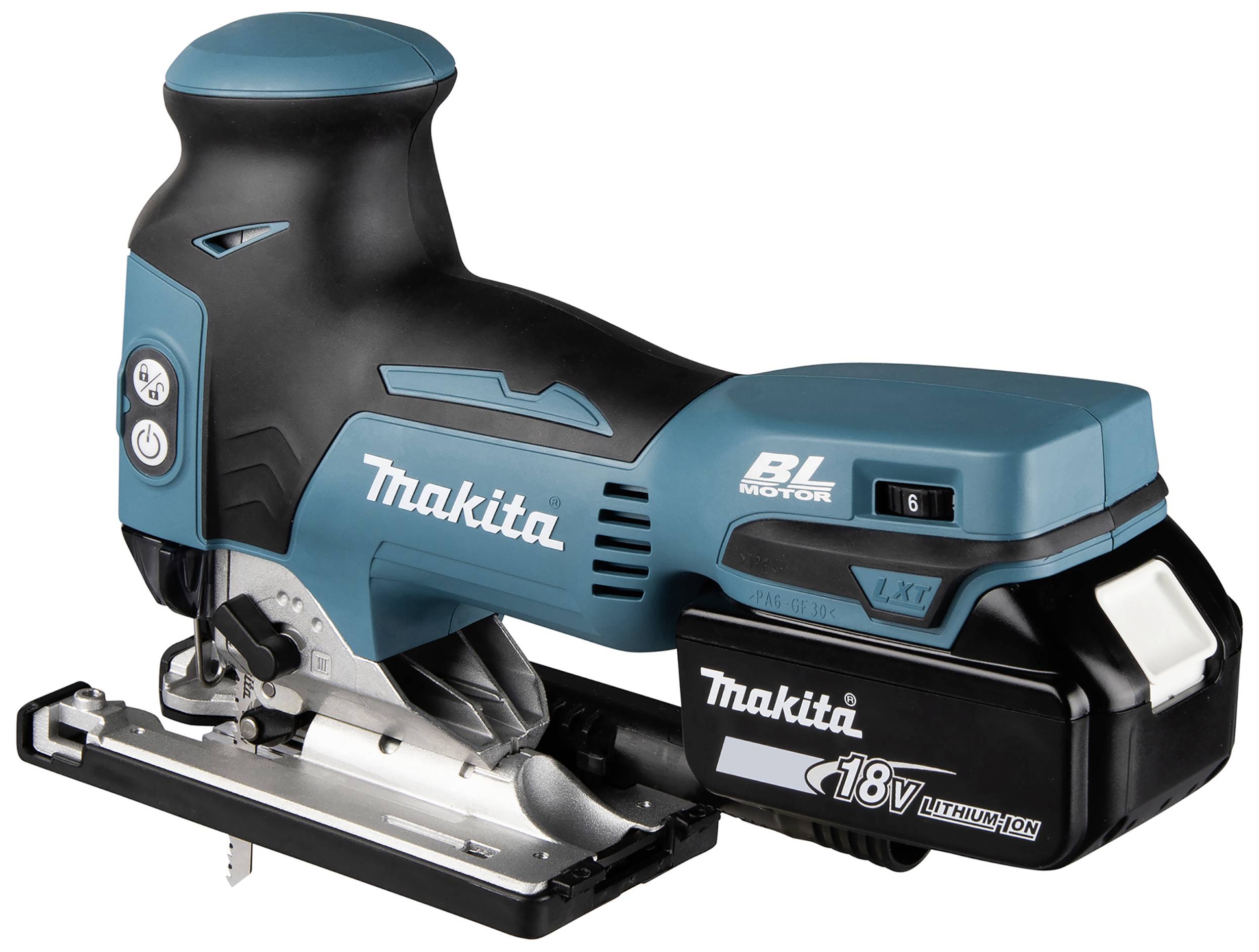 Sladdlös sticksåg från Makita med BL-motor, mörkblå-svart, 18V litium-jonbatteri, lämplig för precisionskapning av trä.
