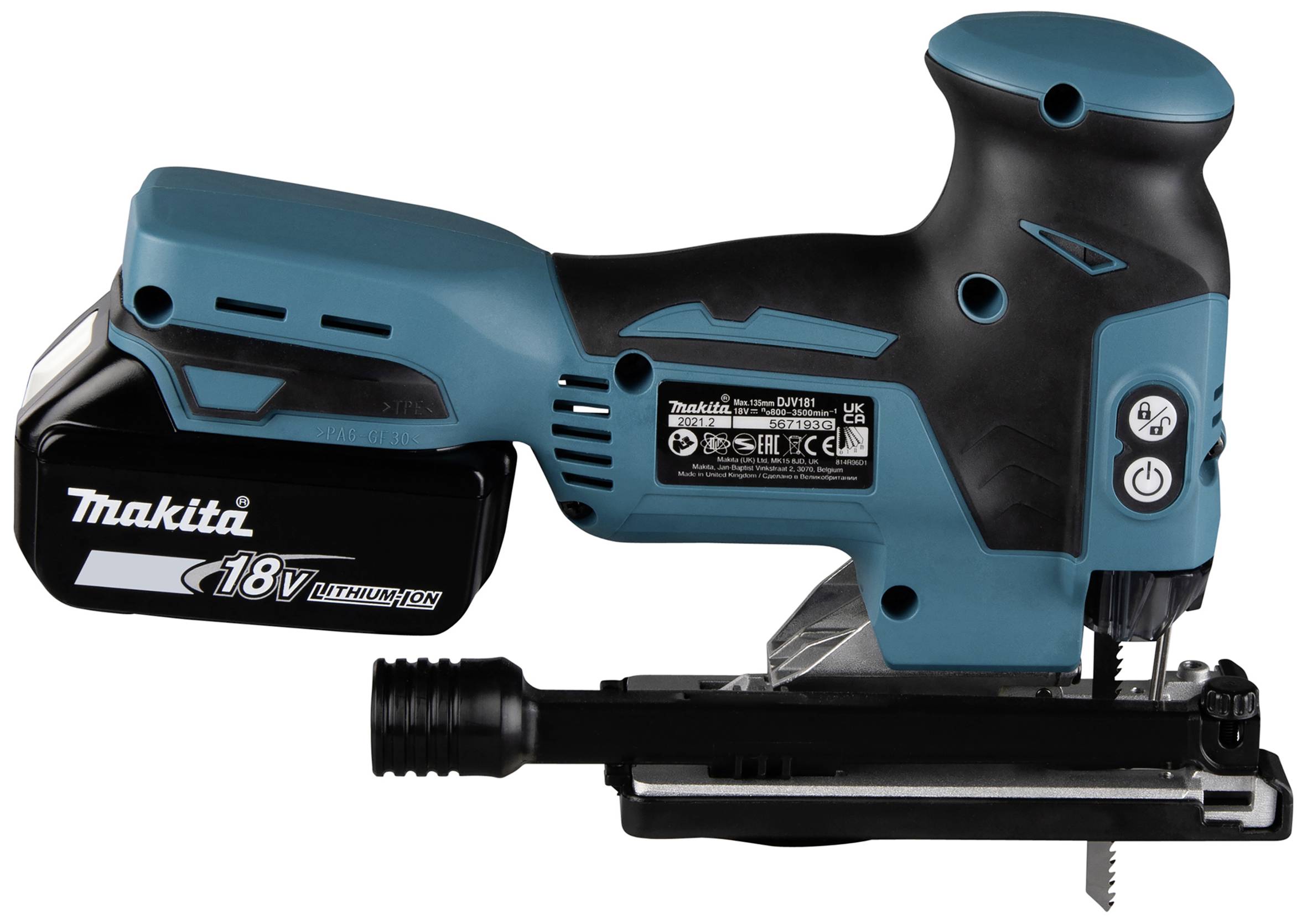 Sladdlös sticksåg, 18V, svart och blå, Makita-logotyp. Perfekt för träoch metallkapning med hög mobilitet och användarvänlighet.